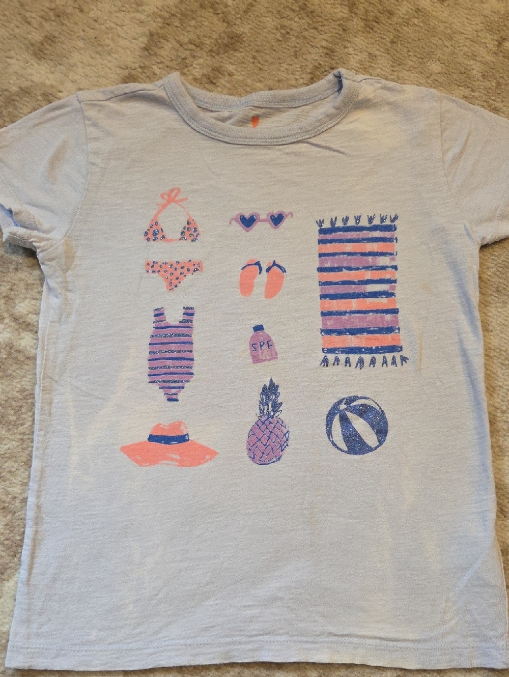 Crewcuts Girls Light Blue Tee with Pink & Navy Beach Icons